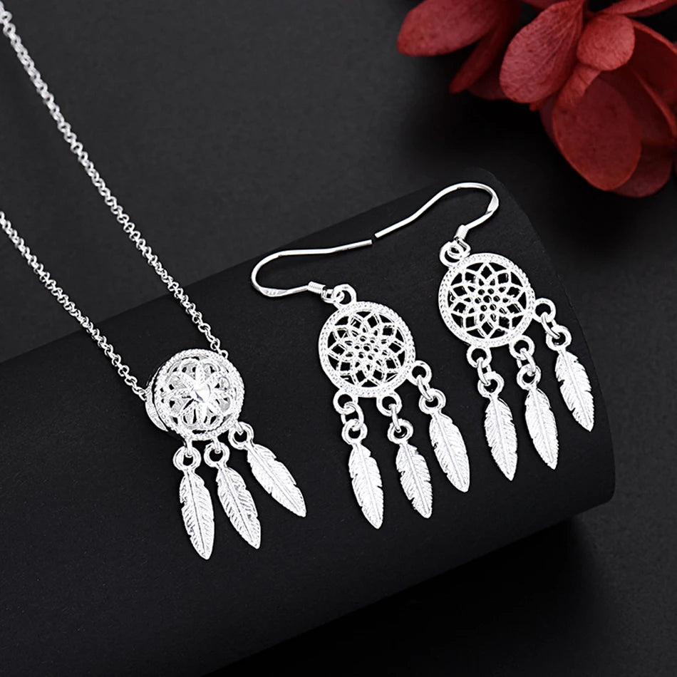 925 Silver Retro Charm Set – Necklace & Earrings