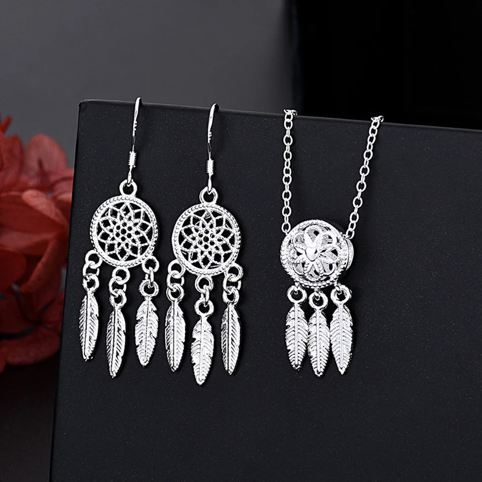 925 Silver Retro Charm Set – Necklace & Earrings